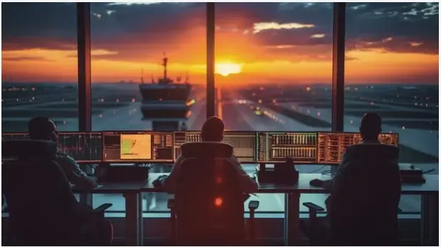 air traffic controllers in control tower above landing strip